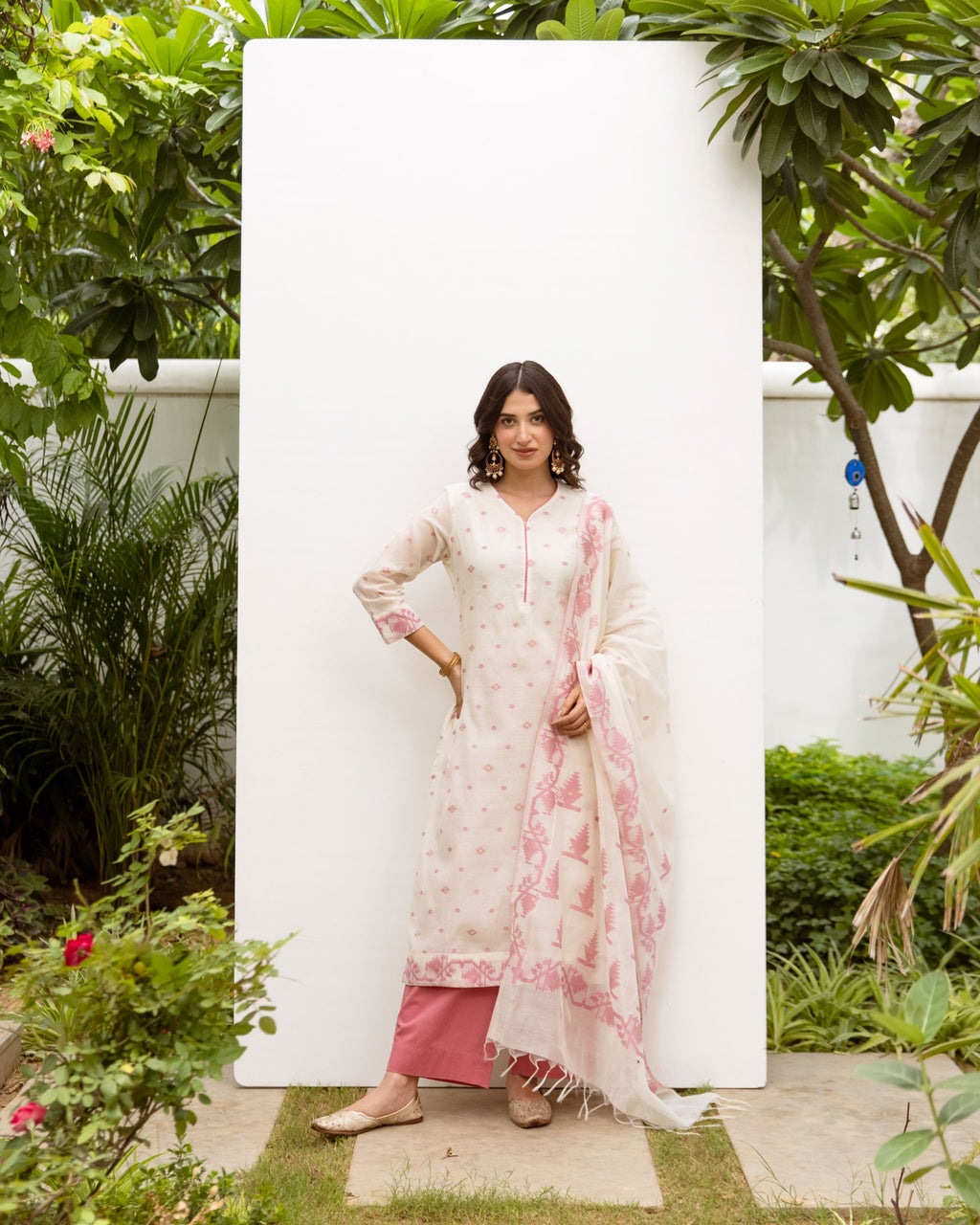 White & Pink Jamdani Kurta Dupatta Set (Pant Not Included)