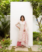 White & Pink Jamdani Kurta Dupatta Set (Pant Not Included)