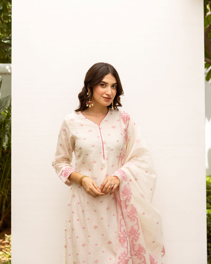 White & Pink Jamdani Kurta Dupatta Set
