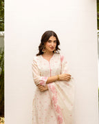 White & Pink Jamdani Kurta Dupatta Set (Pant Not Included)