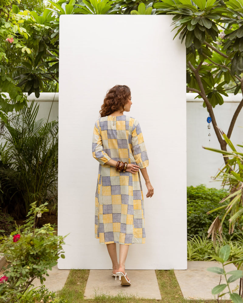 Soft Yellow Cotton Round Neck Dress For Women's