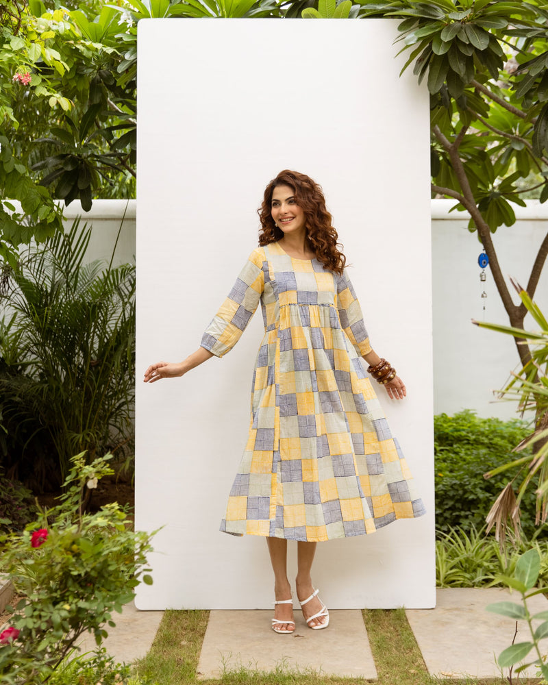 Soft Yellow Cotton Round Neck Dress For Women's