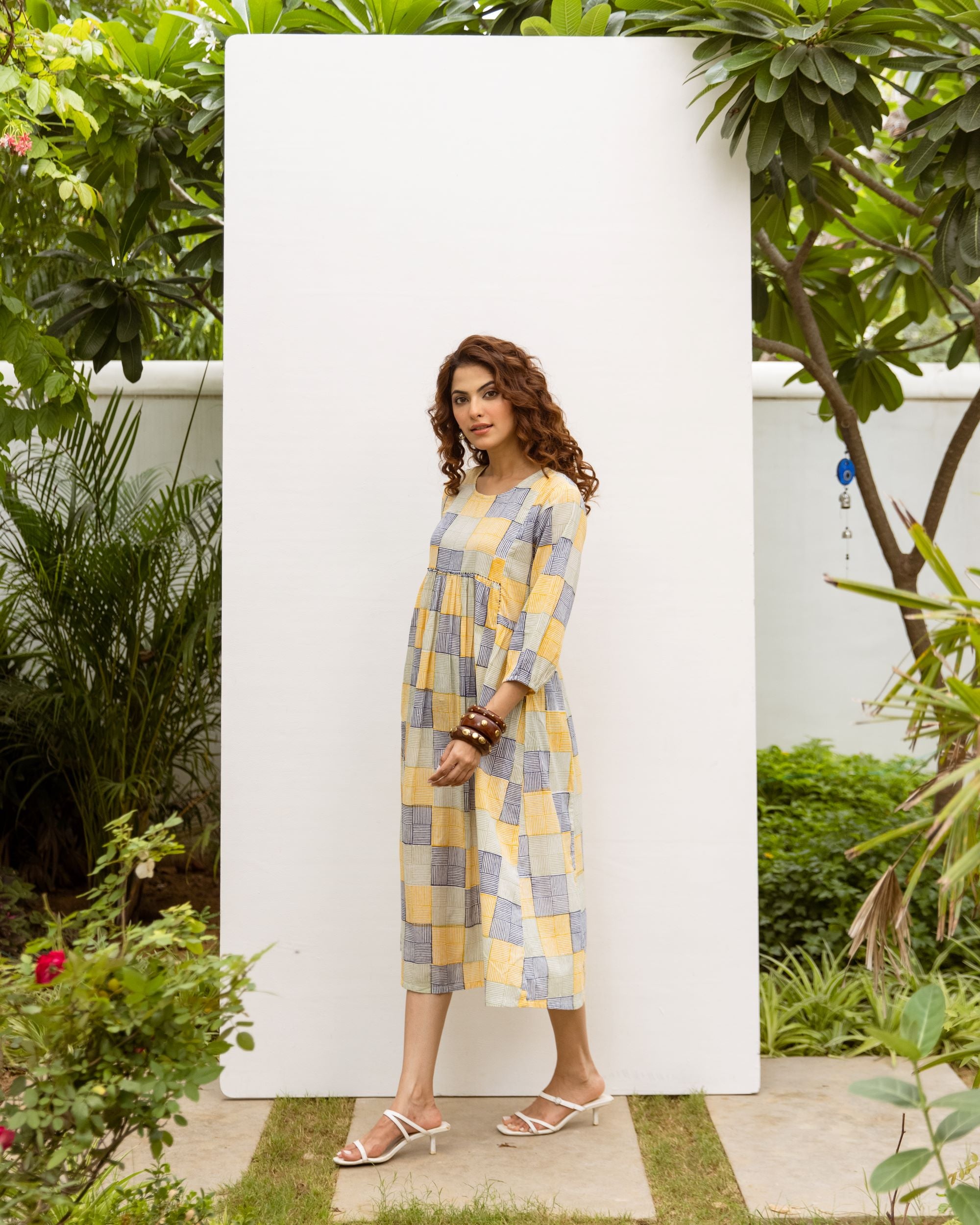 Soft Yellow Cotton Round Neck Dress For Women's