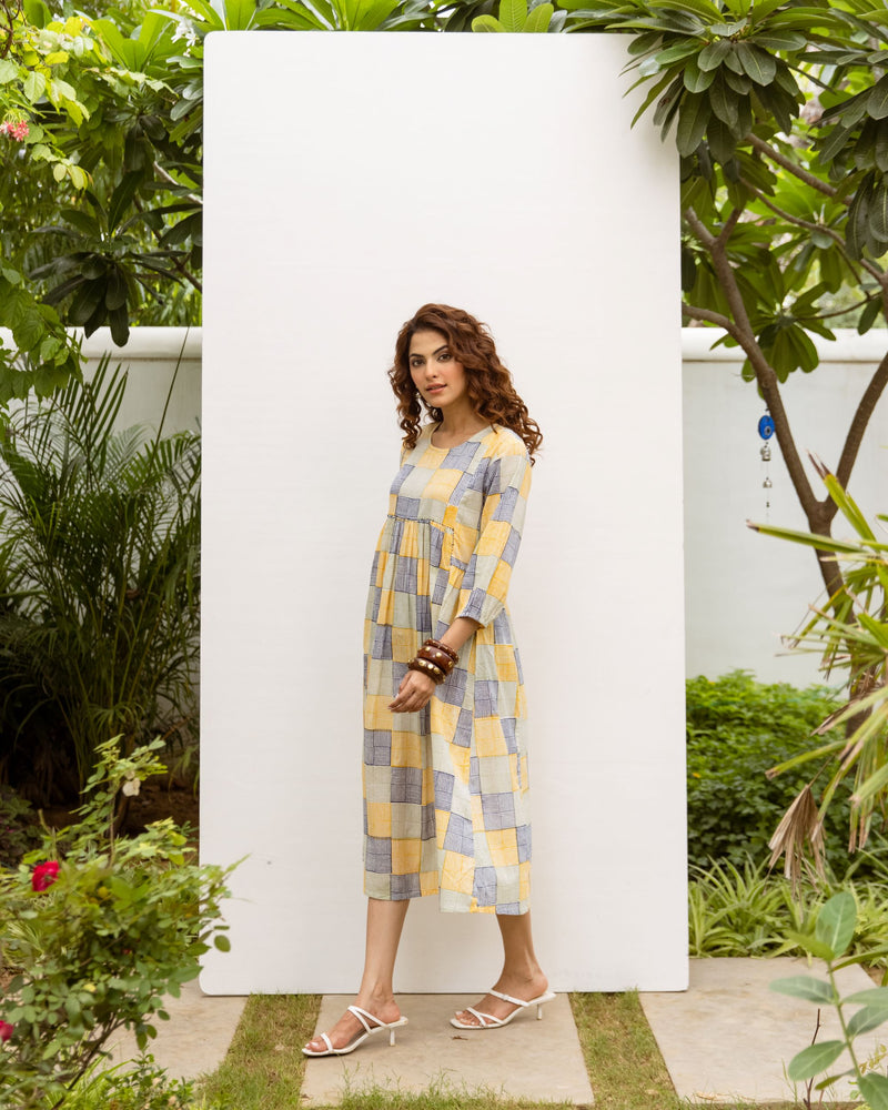 Soft Yellow Cotton Round Neck Dress For Women's