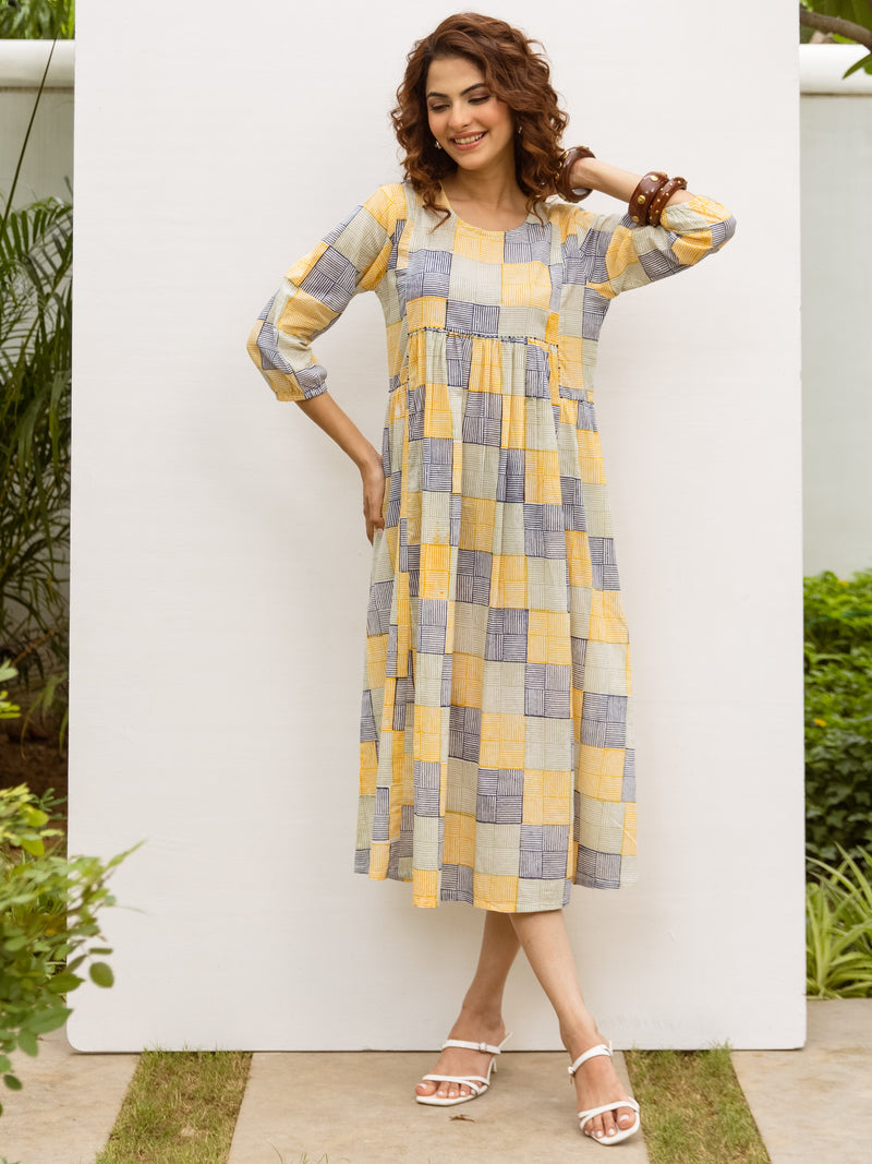 Soft Yellow Cotton Round Neck Dress For Women's