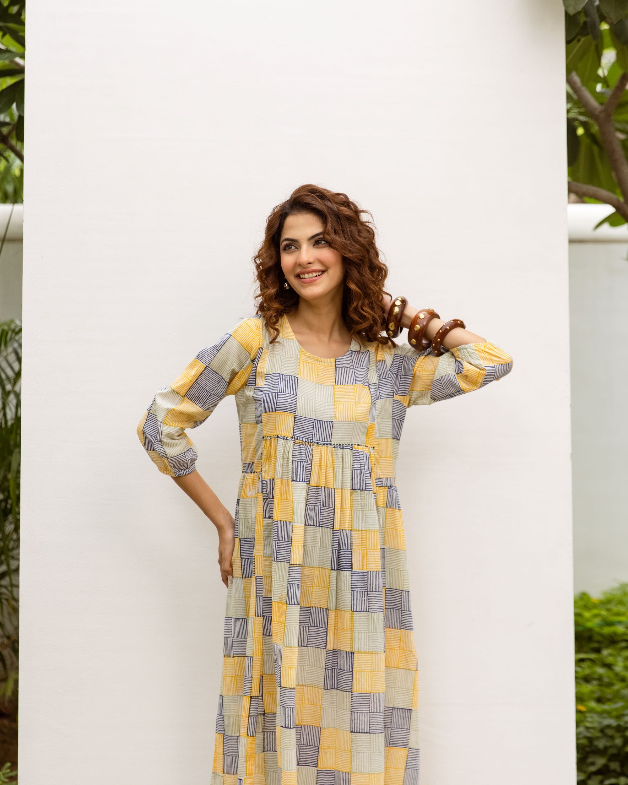Soft Yellow Cotton Round Neck Dress For Women's
