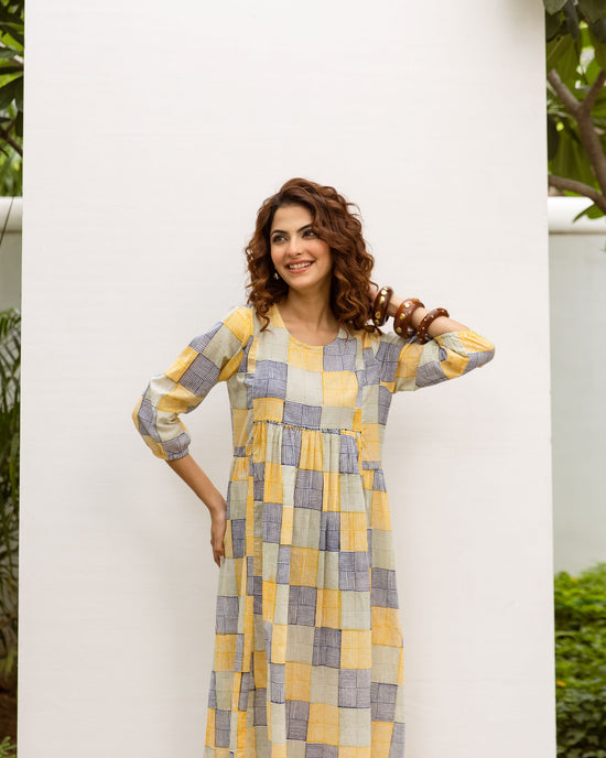 Soft Yellow Cotton Round Neck Dress For Women's