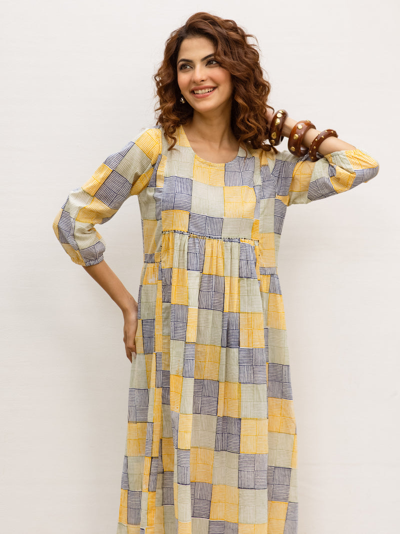 Soft Yellow Cotton Round Neck Dress For Women's