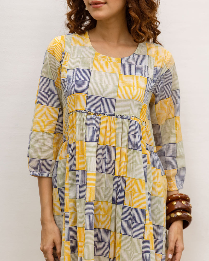 Soft Yellow Cotton Round Neck Dress For Women's