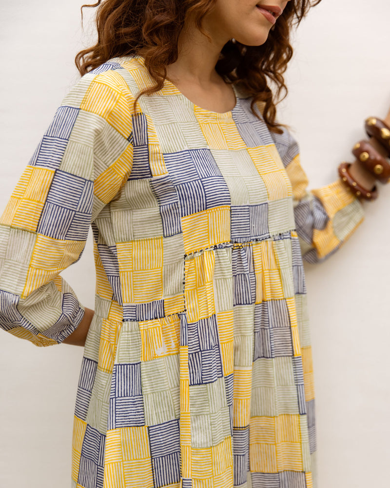 Soft Yellow Cotton Round Neck Dress For Women's