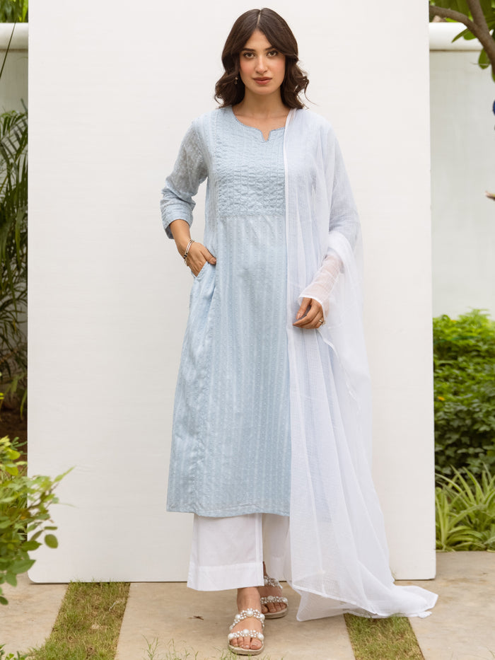 Powder blue Cotton Round neck Kurta for women's
