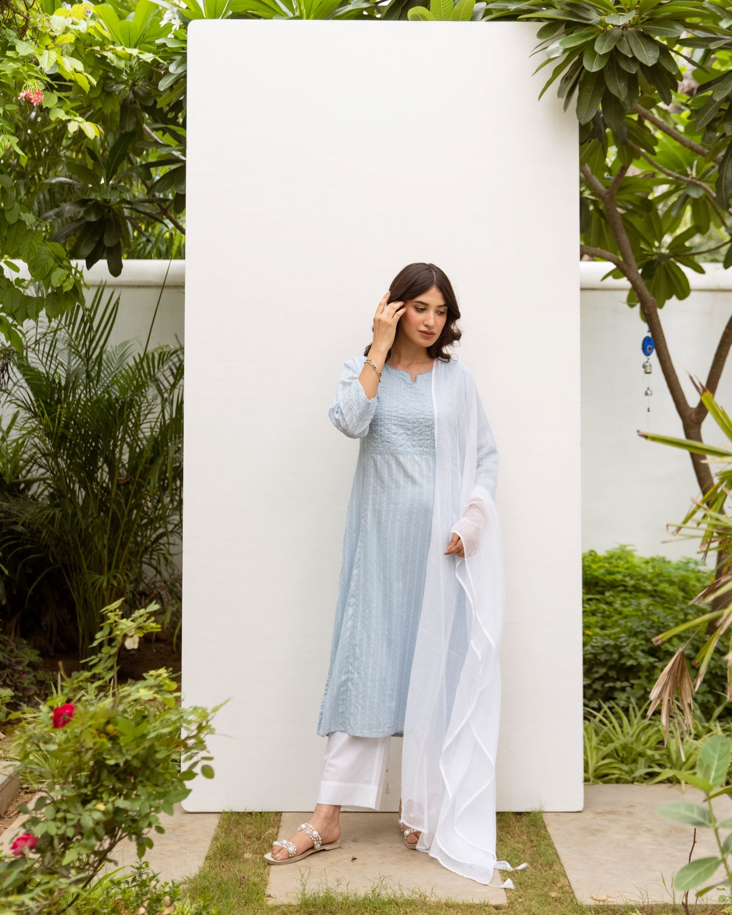 Powder blue Cotton Round neck Kurta for women's