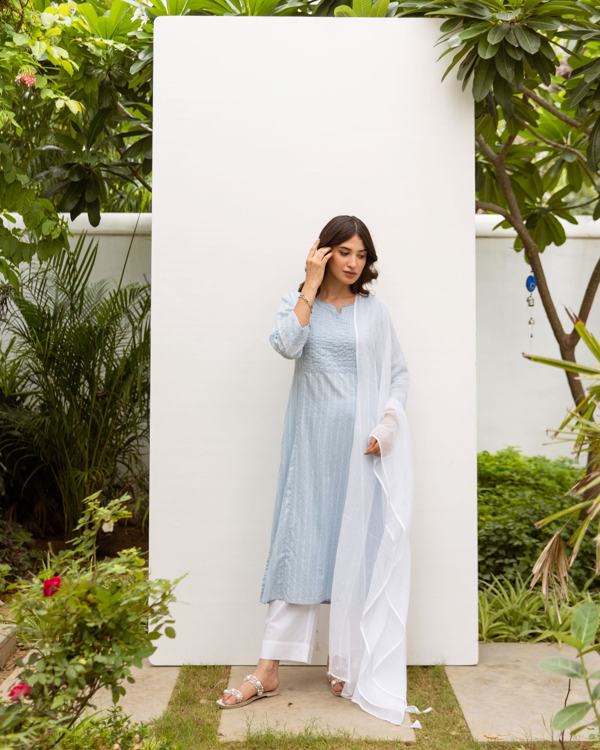 Powder blue Cotton Round neck Kurta for women's