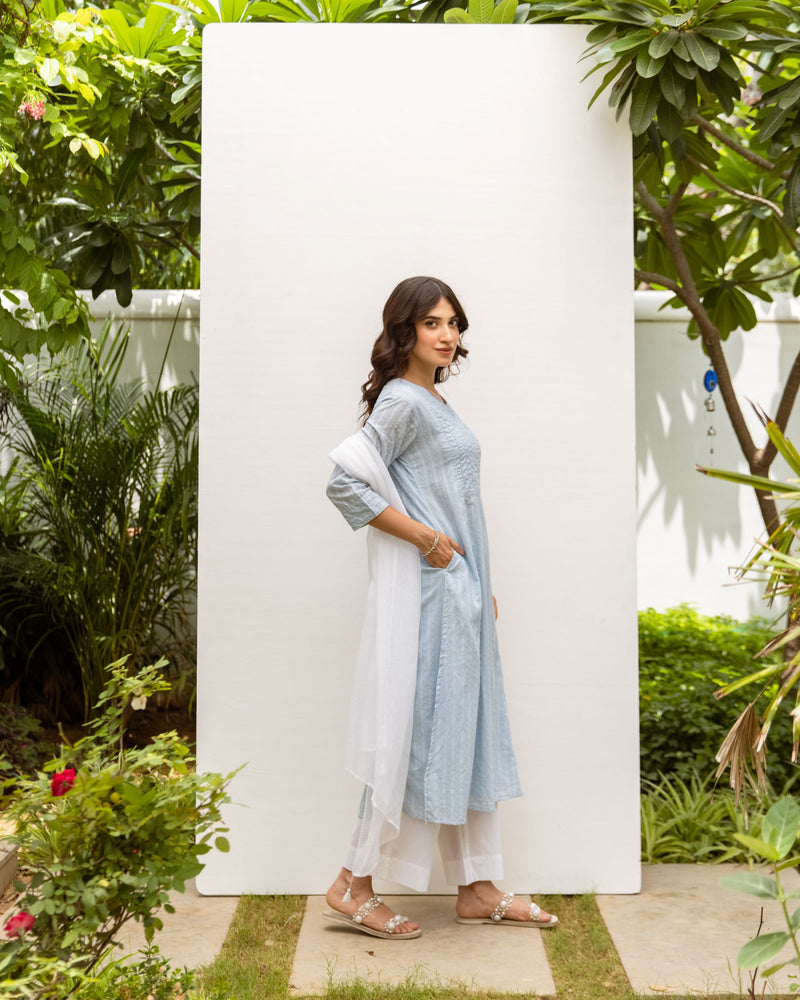 Powder blue Cotton Round neck Kurta for women's
