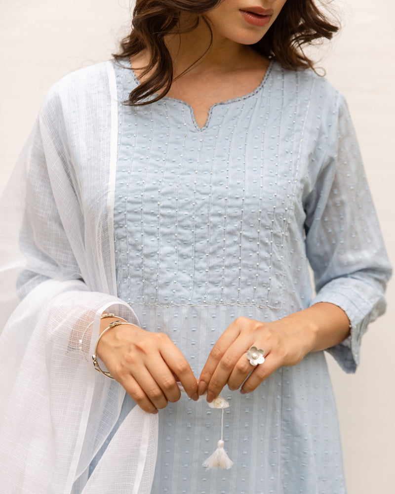 Powder blue Cotton Round neck Kurta for women's