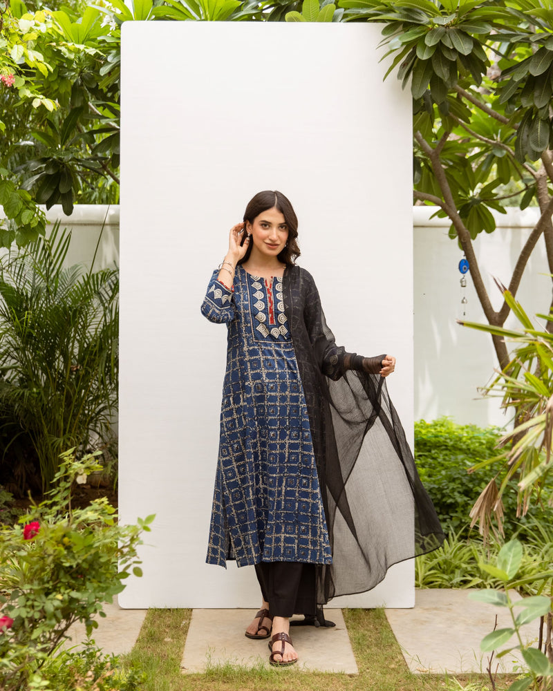 Indigo Cotton Printed Kurta For Women's
