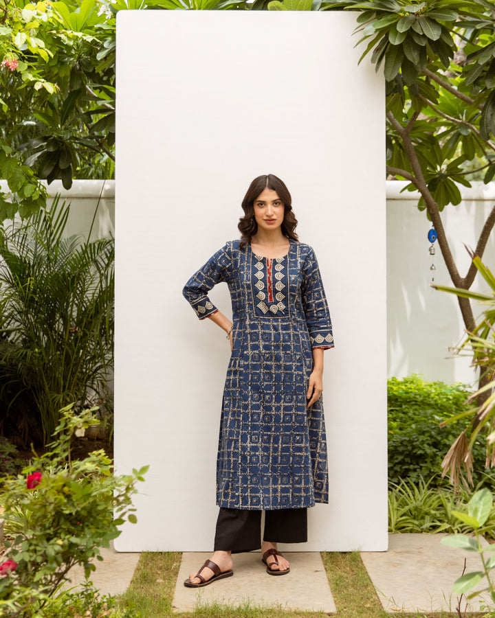 Blue Cotton Printed Kurta For Women's