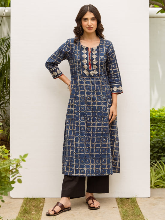 Indigo Cotton Printed Kurta For Women's