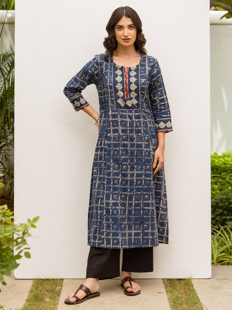 Indigo Cotton Printed Kurta For Women's