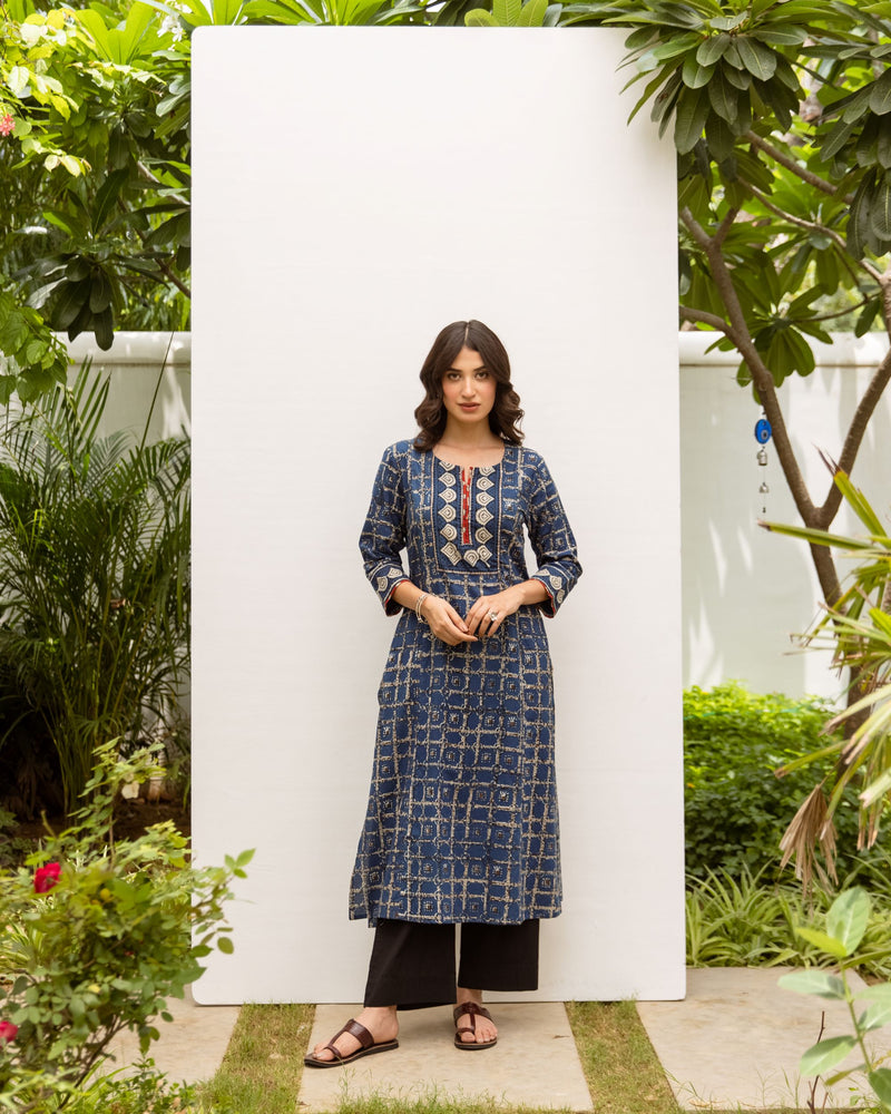 Indigo Cotton Printed Kurta For Women's