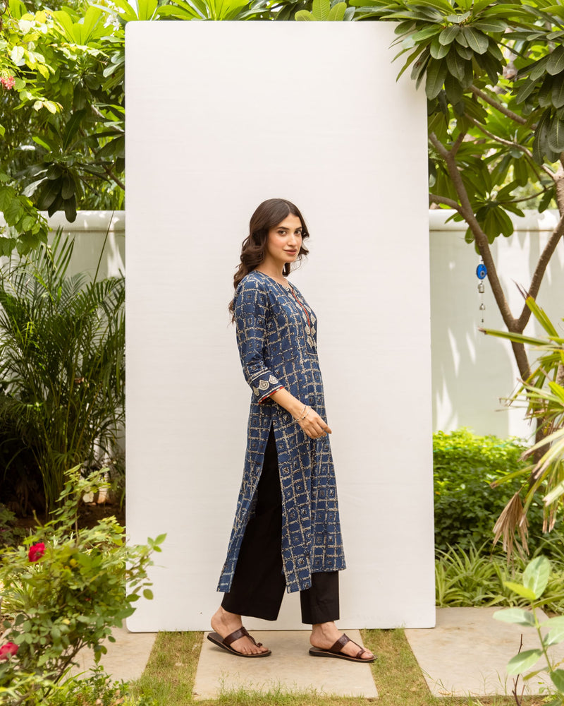 Indigo Cotton Printed Kurta For Women's
