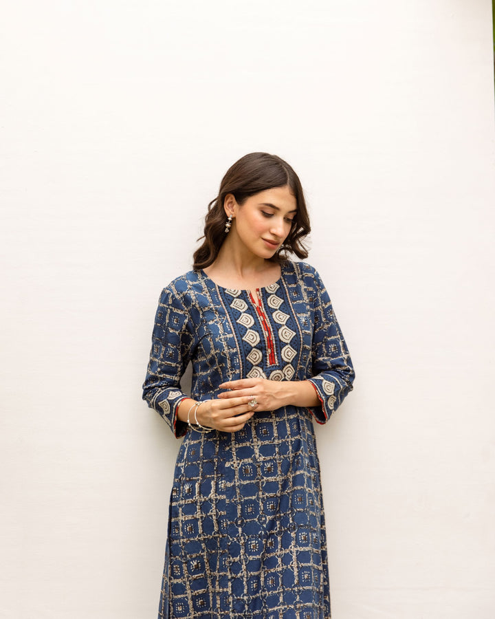 Blue Cotton Printed Kurta For Women's