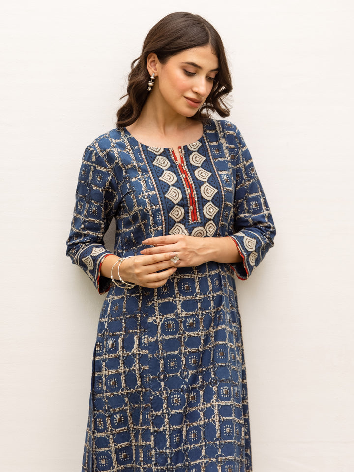 Blue Cotton Printed Kurta For Women's