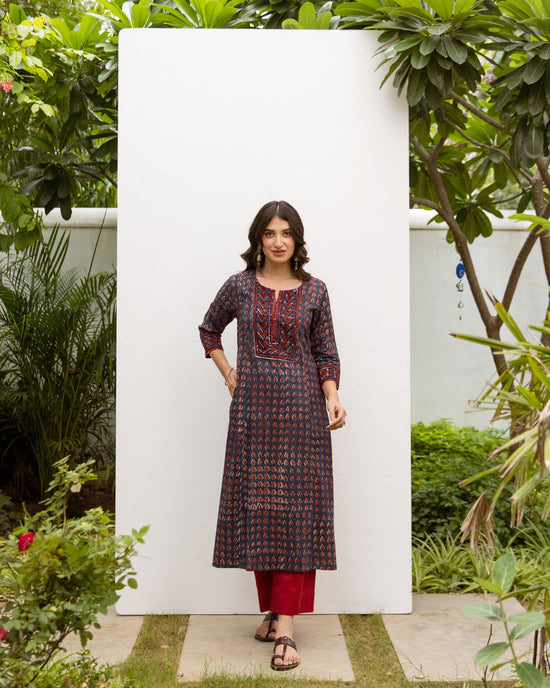 Navy Blue Cotton Printed Kurta For Women's