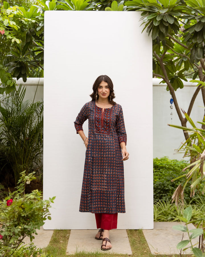 Navy Blue Cotton Printed Kurta For Women's