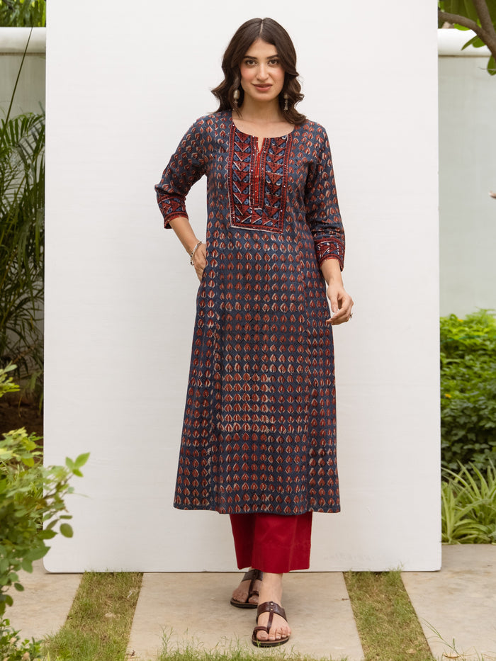 Navy Blue Cotton Printed Kurta For Women's