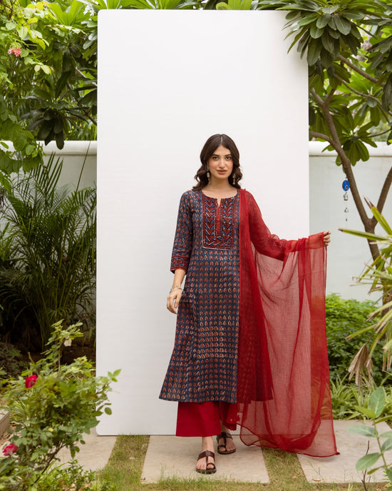Navy Blue Cotton Printed Kurta For Women's