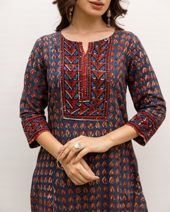 Navy Blue Cotton Printed Kurta For Women's