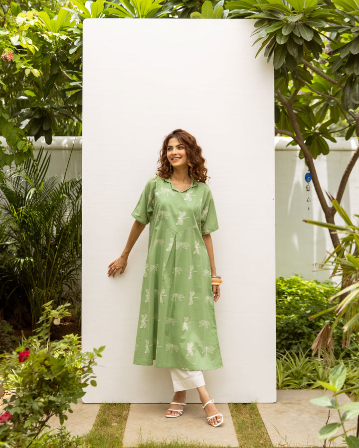 Green Dragonfly Cotton Kurta For Women's