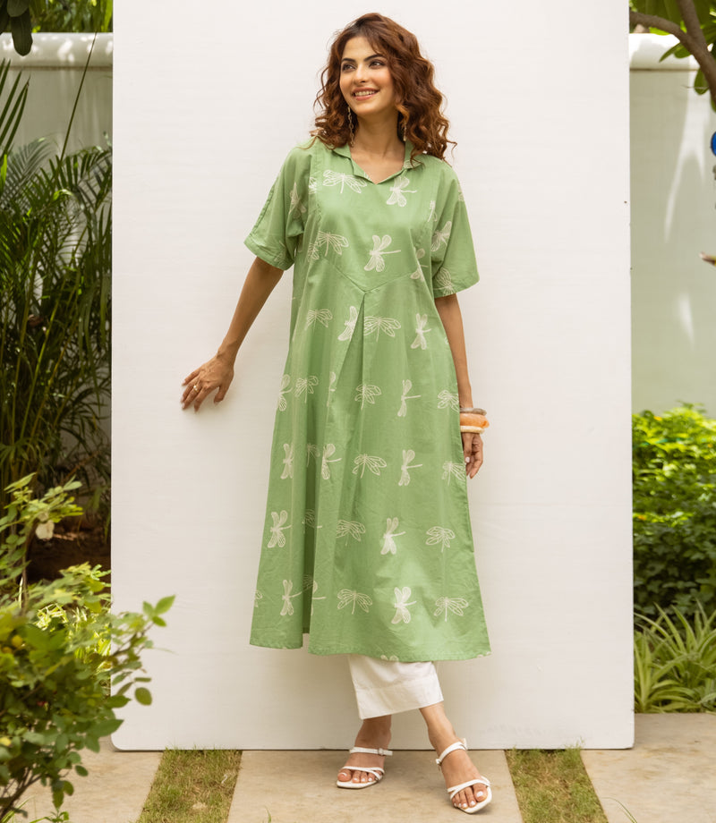 Green Dragonfly Cotton Kurta For Women's