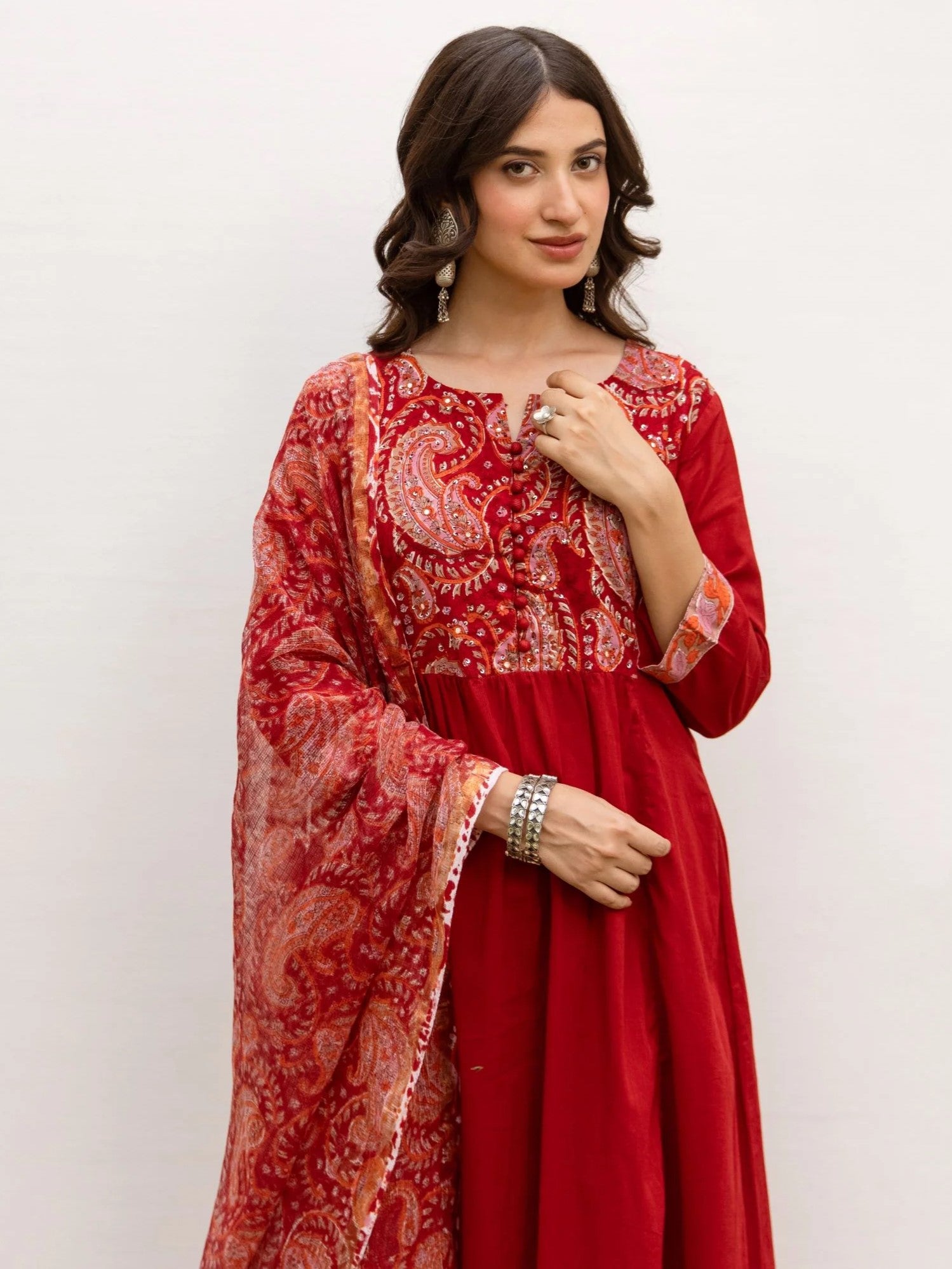 Red Cotton Kurta Dupatta Set For Women's (Pant Not Included)