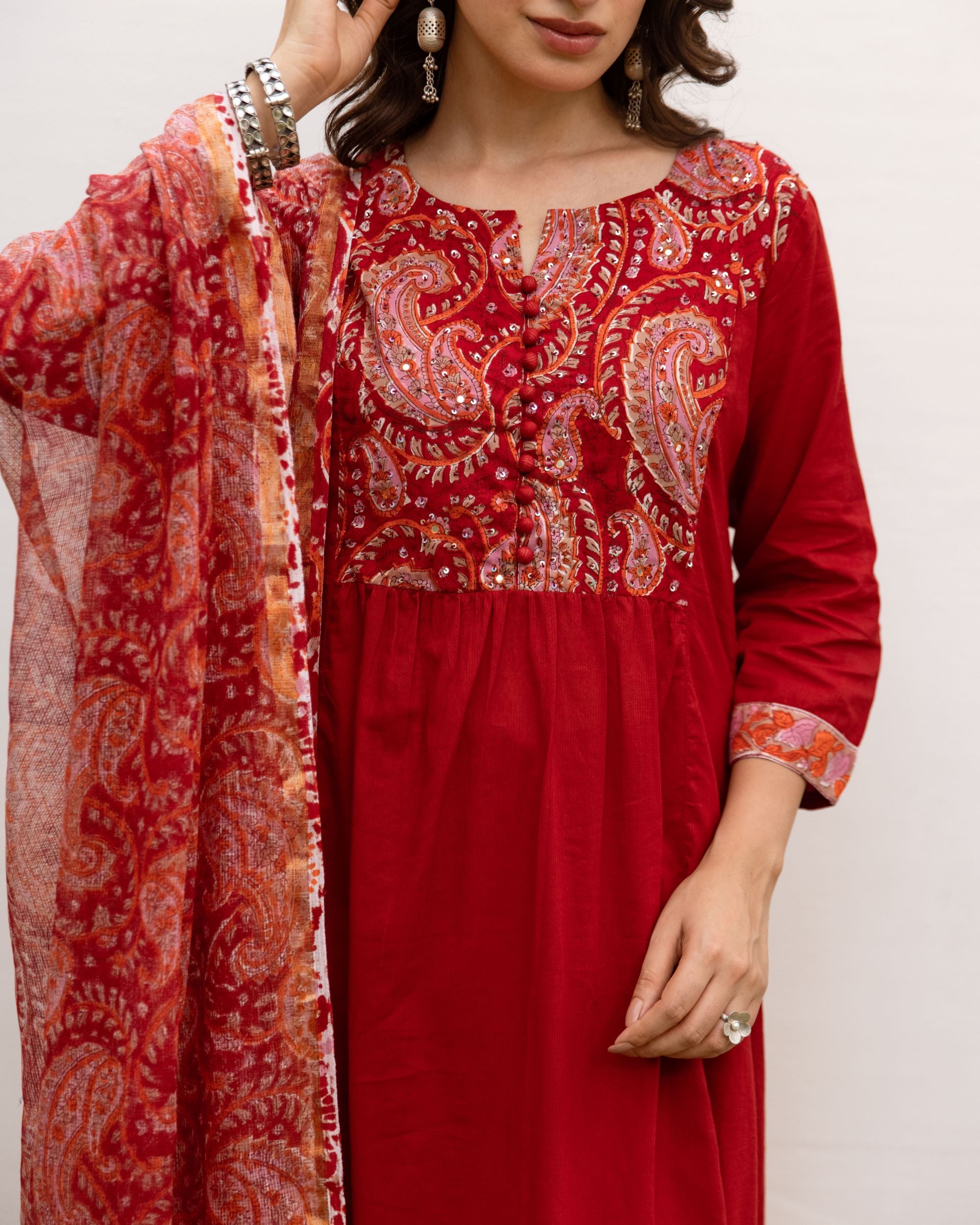 Red Cotton Kurta Dupatta Set For Women's (Pant Not Included)