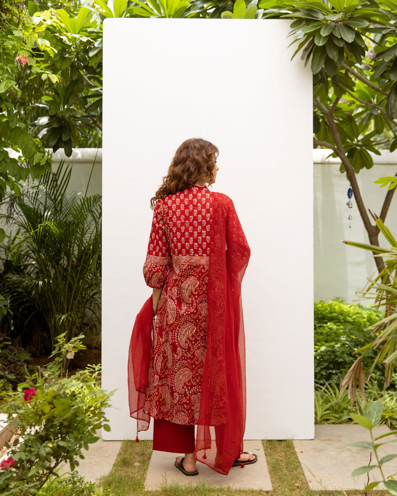 Classic Red Cotton Handblock Printed Kurta For Women's