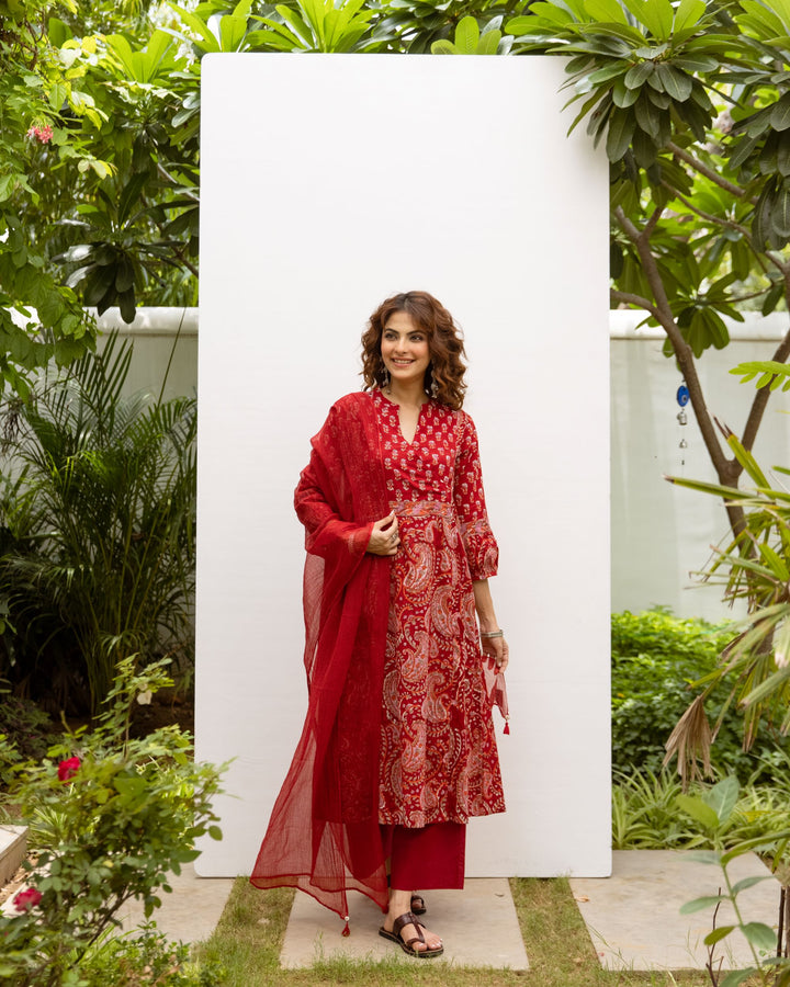 Classic Red Cotton Handblock Printed Kurta For Women's