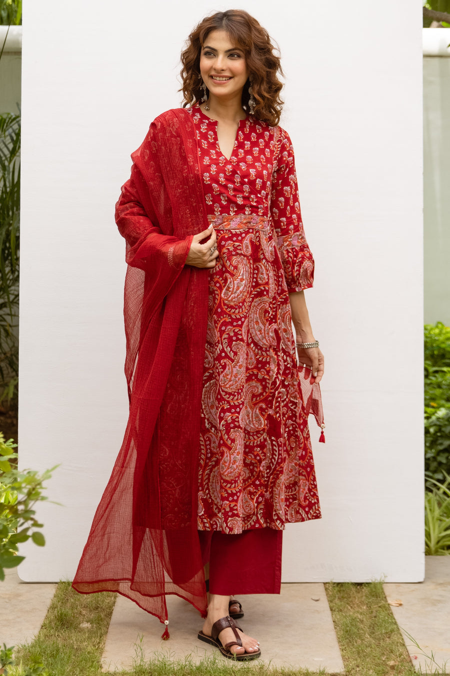 Classic Red Cotton Handblock Printed Kurta For Women's