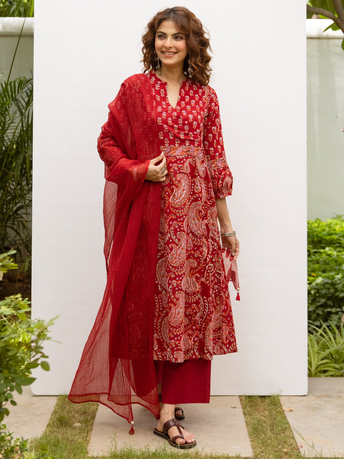 Classic Red Cotton Handblock Printed Kurta For Women's