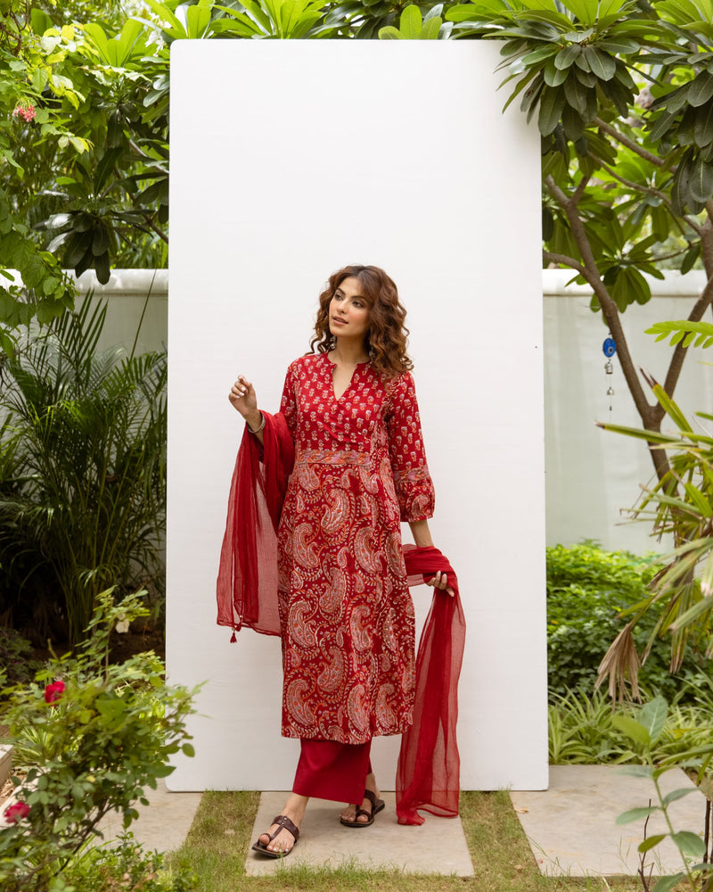 Classic Red Cotton Handblock Printed Kurta For Women's
