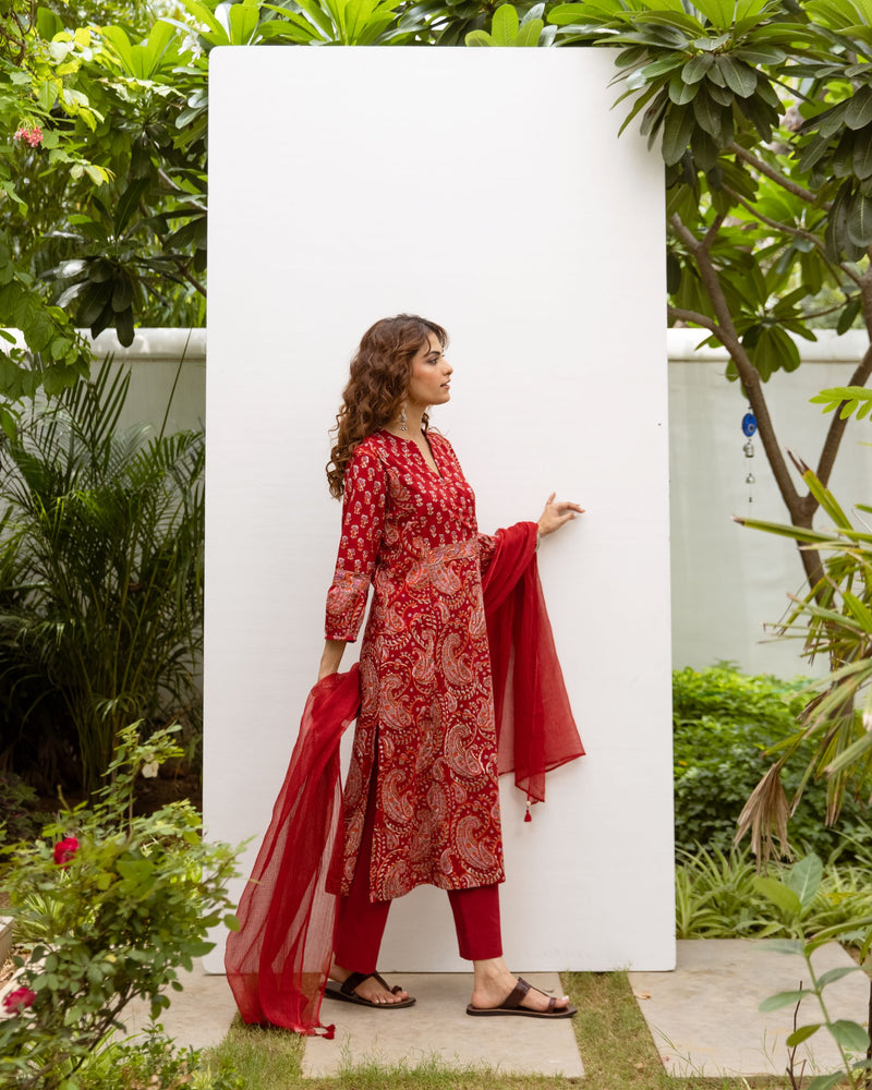 Classic Red Cotton Handblock Printed Kurta For Women's