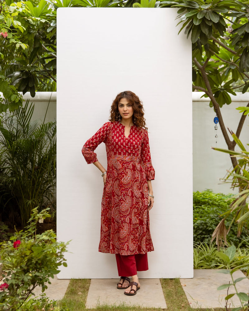 Classic Red Cotton Handblock Printed Kurta For Women's