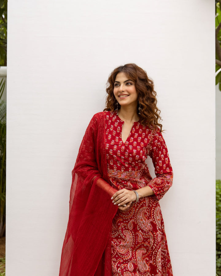 Classic Red Cotton Handblock Printed Kurta For Women's