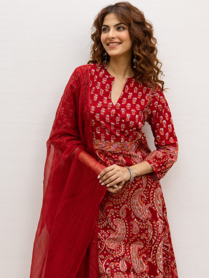 Classic Red Cotton Handblock Printed Kurta For Women's