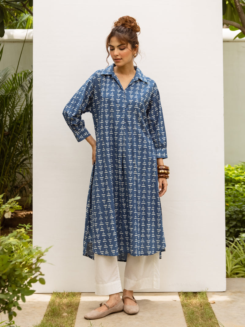 Indigo Cotton Handblock Printed Kurta For Women's
