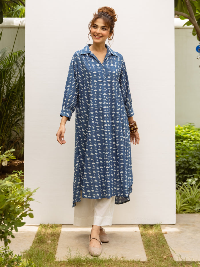 Indigo Cotton Handblock Printed Kurta For Women's