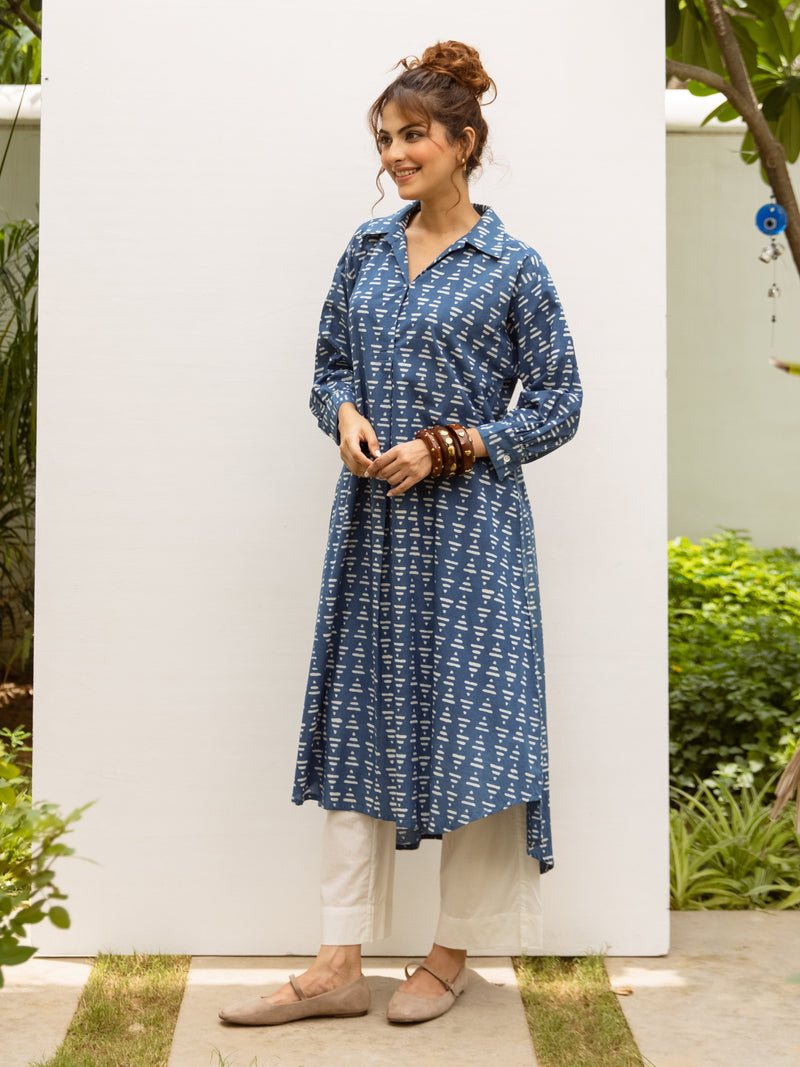 Indigo Cotton Handblock Printed Kurta For Women's