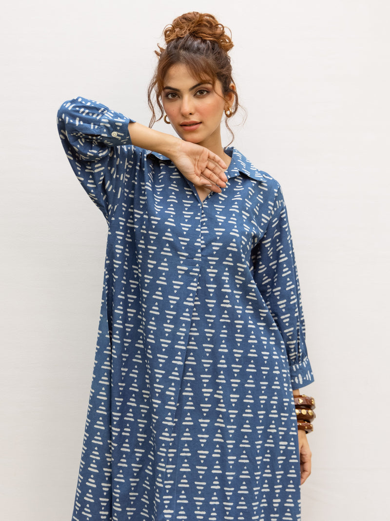 Indigo Cotton Handblock Printed Kurta For Women's