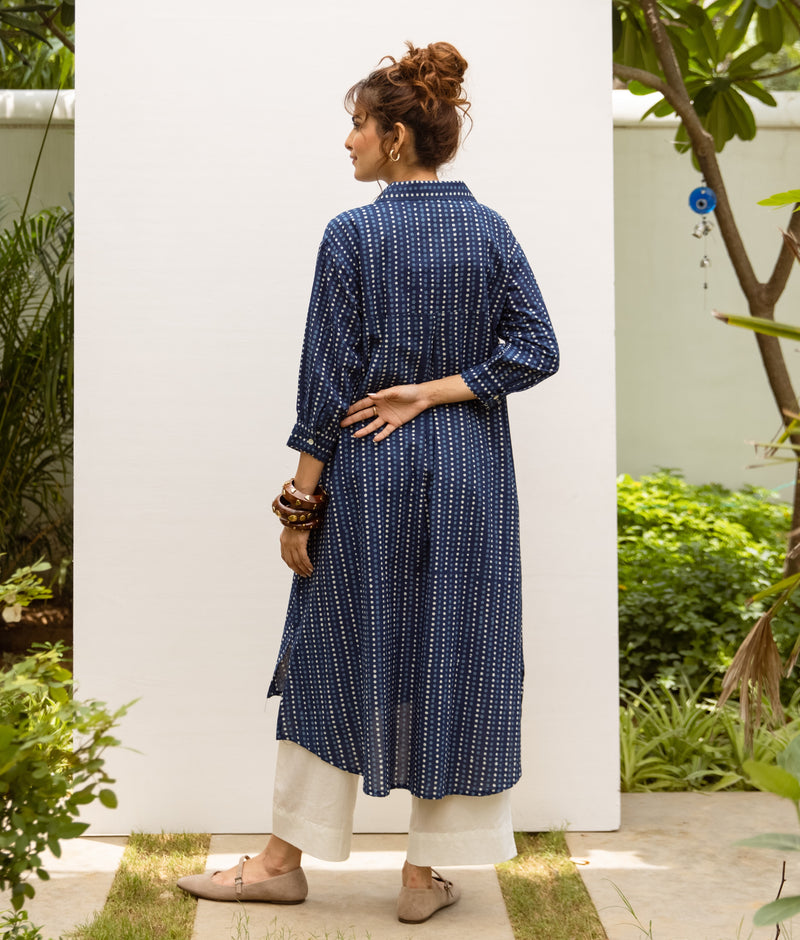 Indigo Cotton Shirt Collar Kurta For Women's
